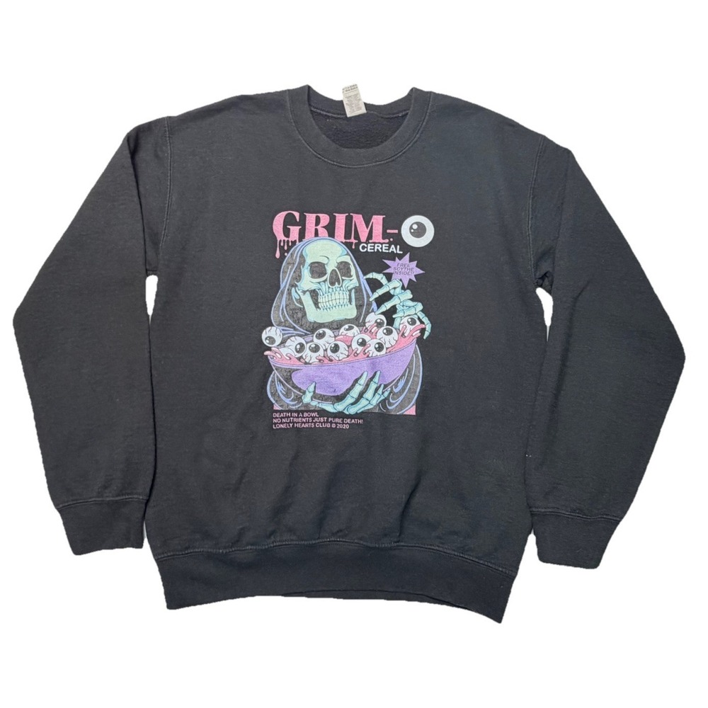 Lonely Hearts Club Grim Cereal Sweatshirt Small Black Graphic Crewneck Emo Goth